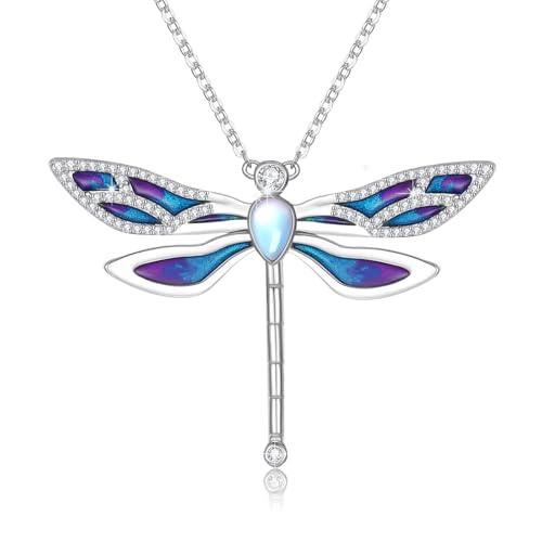 Dragonfly Necklace 925 Sterling Silver Moonstone Necklace Rainbow Stone Dragonfly Jewelry Christmas Birthday Gifts for Women Mom Her - style: Light Purple