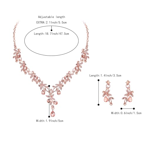 BriLove Wedding Jewelry Set for Women Bride, Y-Necklace Dangle Earrings Crystal Teardrop Leaf Flower Cluster Bridal Bridesmaid - color: 12-Peach