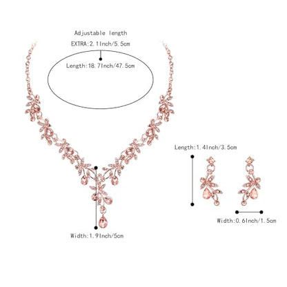 BriLove Wedding Jewelry Set for Women Bride, Y-Necklace Dangle Earrings Crystal Teardrop Leaf Flower Cluster Bridal Bridesmaid - color: 12-Peach