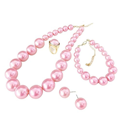 xuzhiyuan Statement Pearl Jewelry Set for Women - Includes Necklace, Bracelet, Earrings, and Ring | Colorful Faux Pearl Fashion Jewelry Set for Party, Wedding, Daily Wear - color: Pink