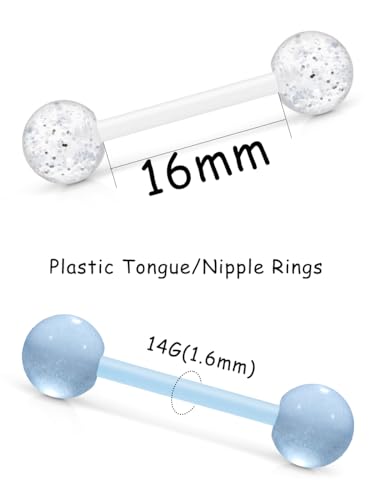Prjndjw 48Pcs 14G 16mm 14MM Glow in Dark Tongue Nipple Ring Plastic Flexible Acrylic Straight Barbell Body Piercing Jewelry for Women Men Tongue NIppie piercings - color: 16.0 millimetres