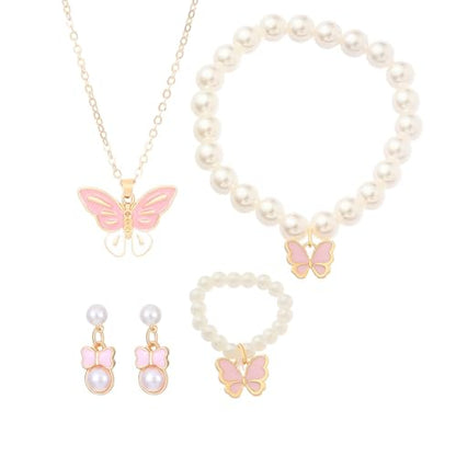 GIGB PBDK 4pcs Pearl Necklace Jewelry Set for Women Fashion Adjustable Bead Butterfly Pendant Choker Minimalist Pearl Earrings Bracelet Y2K Jewelry Gifts