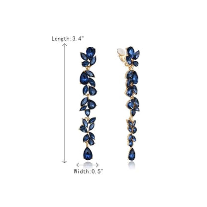 Crysdue Clip On Earrings for Women Rhinestone Crystal Teardrop Cluster Wedding Bridal Non Pierced Long Dangle Earring for Prom Party - color: Sapphire Gold-Tone