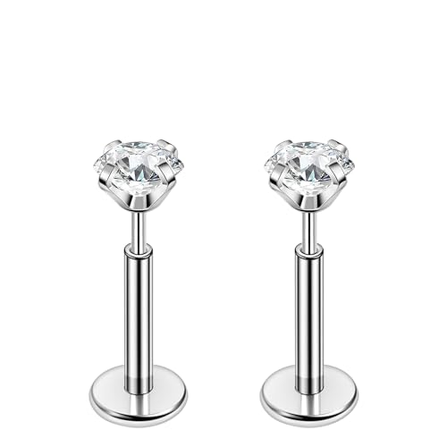 PunkTracker 16g/18g/20g Titanium Steel Threadless Flat Back Cartilage Earrings for Helix/Tragus/Conch/Daith/Earlobe - Nose Studs Lip Rings Labret Monroe Piercing Jewelry for Women Men 2PCS - style: 18g,silver,6mm bar,3mm gem