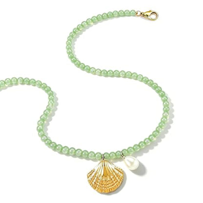 Fish Shell Necklace for Women, Beaded Necklaces Boho Statement Necklace, Pearl Necklaces Summer Beach Vacation Dress & Costume Jewelry - color: Light Green-shell