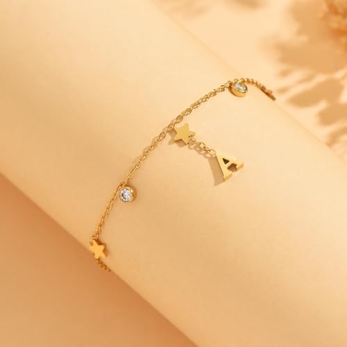 Initial Anklet for Women, 18K Gold Plated Waterproof Ankle Bracelet, Star CZ Letter A-Z Personalized Beach Foot Jewelry - color: A
