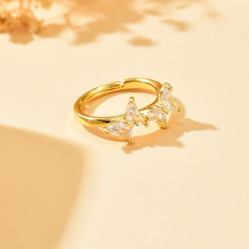 Adjustable Rings for Women 18K Gold Plated daisy Flower Butterfly Ball Cubic Zirconia Rings Dainty Open Stacking Ring - color: Double Butterfly-Gold