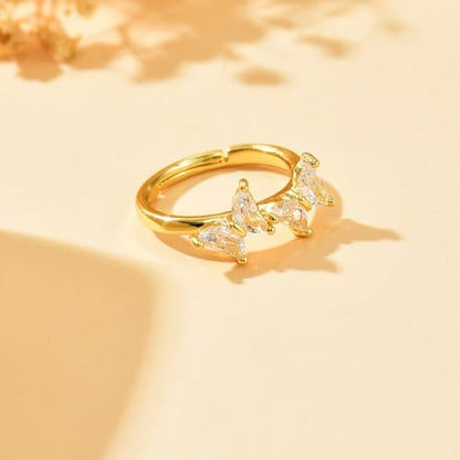 Adjustable Rings for Women 18K Gold Plated daisy Flower Butterfly Ball Cubic Zirconia Rings Dainty Open Stacking Ring - color: Double Butterfly-Gold