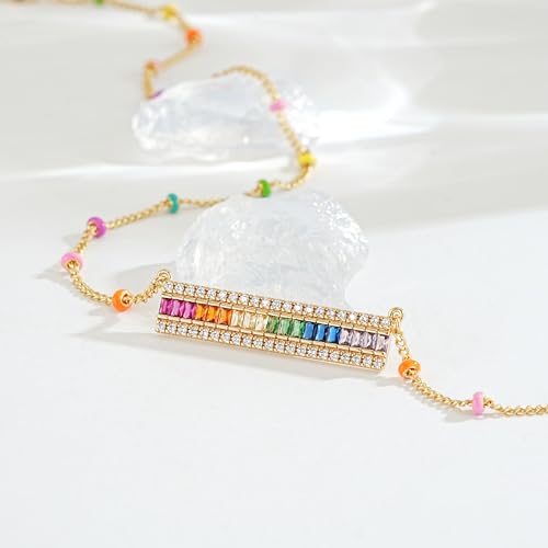 Fettero Dainty 14K Gold Plated Cubic Zirconia Necklaces for Women, Simple Bar Pendant Necklace, Mix-color Rainbow Jewelry Gold Necklace for Women Trendy Gifts - style: Multicolor Bar