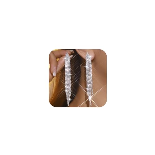 Silver Shiny Rhinestone Long Tassel Dangle Earrings for Women Trendy, Unique Bling Zirconia Drop Earring Dainty Prom Party Jewelry Accessories Gift - color: Silver