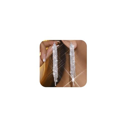 Silver Shiny Rhinestone Long Tassel Dangle Earrings for Women Trendy, Unique Bling Zirconia Drop Earring Dainty Prom Party Jewelry Accessories Gift - color: Silver