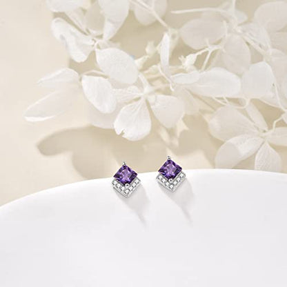 Birthstone Stud Earrings Sterling Silver Square Created Crystal Earrings Cubic Zirconia Hypoallergenic Piercing Jewelry Small Gifts for Women Mothers - color: Feb-Amethyst