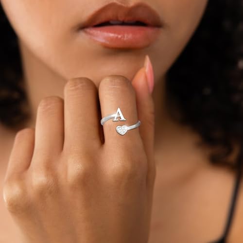 Lunvky Birthday Gifts Silver Initial Rings for Women Teen Girl Kids Trendy Stuff Dainty 14K Gold Plated Adjustable Heart Letter Thumb Rings Pinky Cute Jewelry Personalized Gift - color: Silver, size: Initial-X
