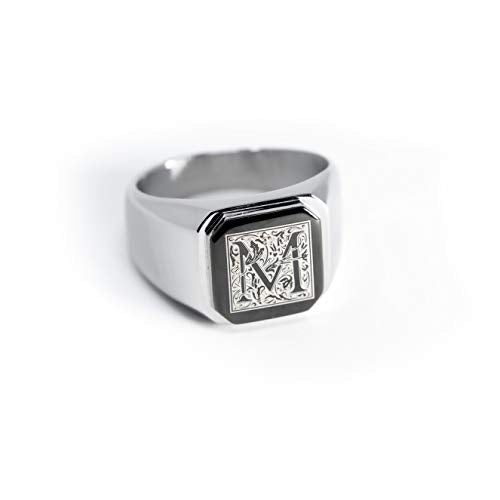 Jewelry | Stainless Steel Letter Alphabet Initial Ring | Square Flat Top Ring for Men & Women | Stainless Steel Jewelry, (Black, Gold, Silver), Size 7-16 - color: Silver, size: 9.5, style: Letter M