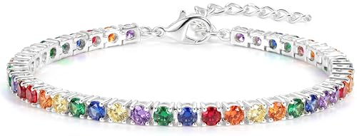 925 Sterling Silver Bracelets for Women Stack, Trendy Tennis Bangle Cuff Jewelry Set 14K Gold Plated, Adjustable Bracelet Set for Wrist Essentials, Women Fashion Watch Band Acecessories - style: SZ-TENNIS-rainbow4mm-silver