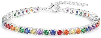 925 Sterling Silver Bracelets for Women Stack, Trendy Tennis Bangle Cuff Jewelry Set 14K Gold Plated, Adjustable Bracelet Set for Wrist Essentials, Women Fashion Watch Band Acecessories - style: SZ-TENNIS-rainbow4mm-silver