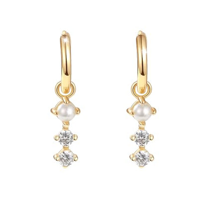 Pearl Earrings for Women Trendy, 14k Gold Plated Freshwater CZ Leaf Pearl Dangle Drop Gold Earrings Lightweight Hypoallergenic Stud Earring Bridesmaid Wedding Gold Jewelry for Women Gifts - style: cz pearl earrings-gold