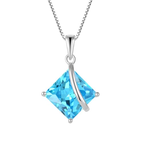 Square Princess Cut Necklace 925 Sterling Silver Solitaire Pendant Necklace Birthstone Jewelry Gifts for Women - color: 03 March - Aquamarine