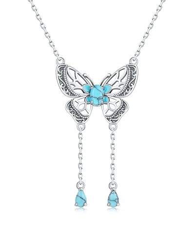 925-Sterling-Silver Turquoise Dragonfly/Hummingbird/Compass/Anchor/Butterfly/Cross/Lotus Necklaces Vintage Boho Pendant Jewelry Victorian Christmas Birthday Gifts for Women - style: Large Butterfly Turquoise Tassel