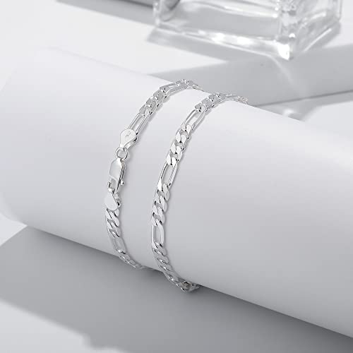 BRIJEWNES 4/5MM Sterling Silver FIGARO Chain Bracelet 925 Silver Link Chain Bracelet for Men