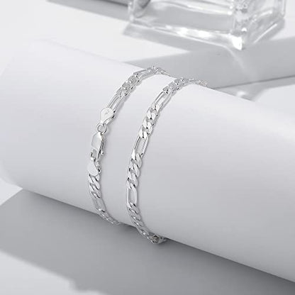 BRIJEWNES 4/5MM Sterling Silver FIGARO Chain Bracelet 925 Silver Link Chain Bracelet for Men