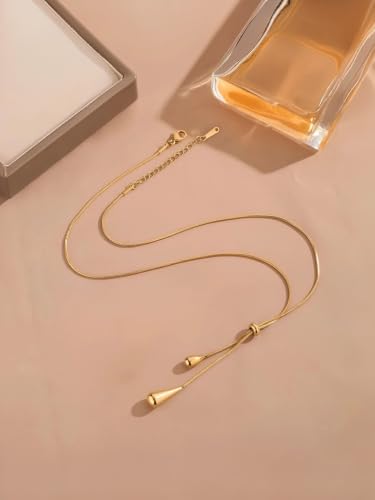 Gold Double Teardrop Lariat Necklace, Drop Style Chain | Adjustable Length, Dual Pendant Drop, Polished Finish, Y-Style Lariat, Women's Jewelry