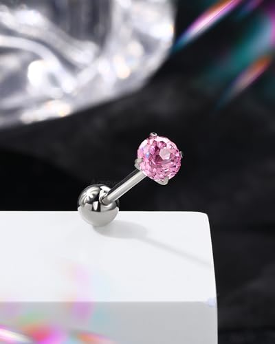G23 Solid Titanium Tongue Ring Barbell 14G Firework CZ Bar Tongue Rings Surgical Steel Toungue Piercing - color: Pink
