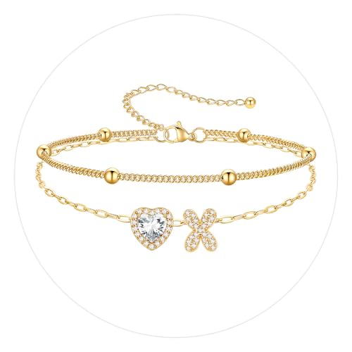 PROSTEEL Initial Ankle Bracelets for Women Waterproof, A-Z Gold/Silver Layered Anklets Adjustable, Summer Beach Gift Jewelry - color: Gold, size: X