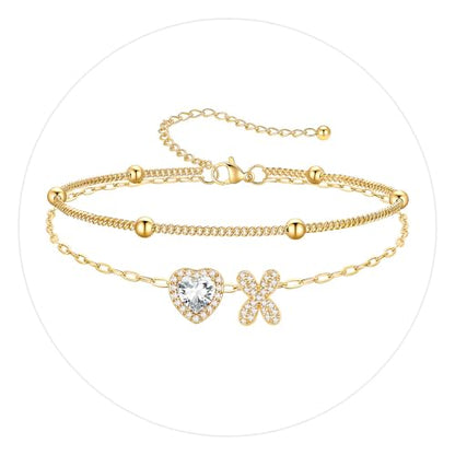 PROSTEEL Initial Ankle Bracelets for Women Waterproof, A-Z Gold/Silver Layered Anklets Adjustable, Summer Beach Gift Jewelry - color: Gold, size: X