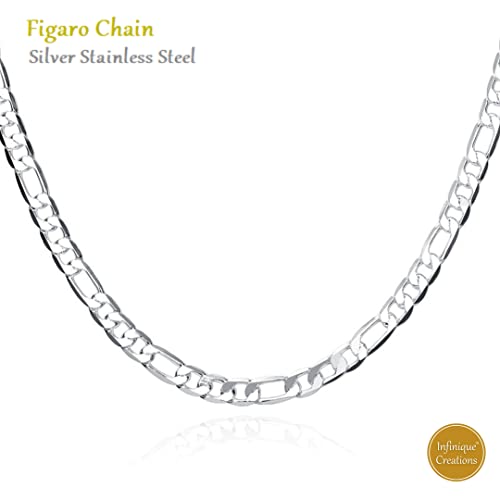 INFINIQUE CREATIONS Stainless Steel Silver Figaro Chain Bracelet Necklace Men Women 3-12mm 7-38" - size: 9, style: 5mm