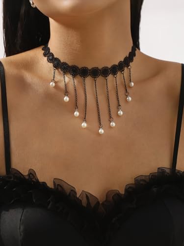 Lace Choker Necklace for Women Tassel Pendant Choker Necklaces Elegant Boho Collar Necklaces Statement Artistic Chain Necklace with Pearl Halloween Party Cosplay Costume Jewelry - color: Black Lace Pearl-1