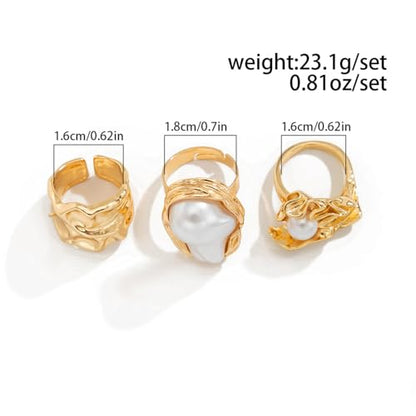 3/6 PCS Silver Chunky Pearl Rings Set for Women Gold Baroque Pearl Flower Open Ring Adjustable Crystal Large Ring Set Personalized Statement Knuckle Rings Fashion Costume Jewelry Accessories - color: gold