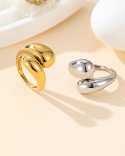 YeGieonr Gold Rings for Women Non Tarnish, 18K Gold Plated Stainless Steel North Star Signet Ring, Waterproof Dainty Pinky Statement Ring, Tarnish Free Gold Jewelry for Women - color: Waterdrop