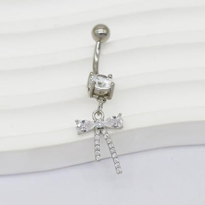 14G CZ Bowknot Dangle Belly Button Rings for Women 316L Surgical Steel Cubic Zirconia Crystal Bow Dangling Belly Navel Rings Silver Curved Barbell Navel Piercing Jewelry