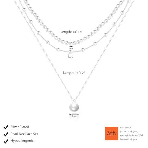 Zeffy Gold Pearl Necklace for Women, Dainty 14K Gold/Silve Plated Layered Pearl Choker Pearl Earrings Pearl Bracelets Wedding Trendy Gold Jewelry Set for Women Gifts - style: Silver Pearl Necklace-3PCS