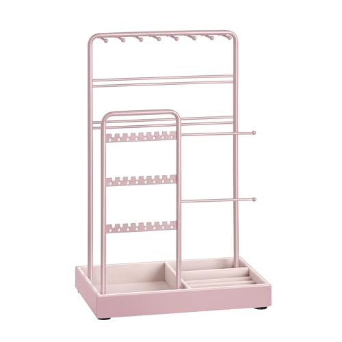SONGMICS Necklace Holder, Jewelry Stand Holder Organizer, Jewelry Display with Metal Frame, Velvet Tray, Earring Bracelet Holder, for Gift Idea, 4.5 x 7.7 x 12.1 inch, Jelly Pink UJJS021R01 - color: Jelly Pink, size: 4.5"D x 7.7"W x 12.1"H