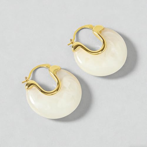 Cream White Chunky Lazy-Chic Hoop Earrings - Gold-Accented Resin Statement Hoops for Women, Trendy Daily & Vacation Jewelry