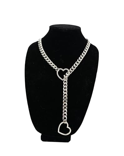 Heart O-ring Slip Chain Necklace For Women, Adjustable | Handmade Cuban Chain with Heart Rings, Adjustable Lariat Y-Necklace Design, Halloween or Christmas Gifting, Avoid Moisture