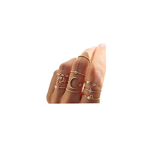 INENIMARTJ Boho Rings for Women Teen Girls,Gold Stacking Rings Set Vintage Knuckle Stackable Moon Star Snake Butterfly Heart Flower Leaf Top Finger Rings - color: 554-B
