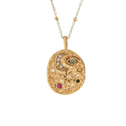 Evil Eye Necklace For Women - 18K Gold Plated Stainless Steel Celestial Moon North Star Eye CZ Gemstone Pendant - Waterproof - Anti-tarnish - Protection Jewelry Gift - style: Moon Star Eye