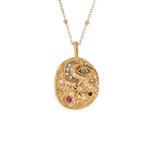 Evil Eye Necklace For Women - 18K Gold Plated Stainless Steel Celestial Moon North Star Eye CZ Gemstone Pendant - Waterproof - Anti-tarnish - Protection Jewelry Gift - style: Moon Star Eye