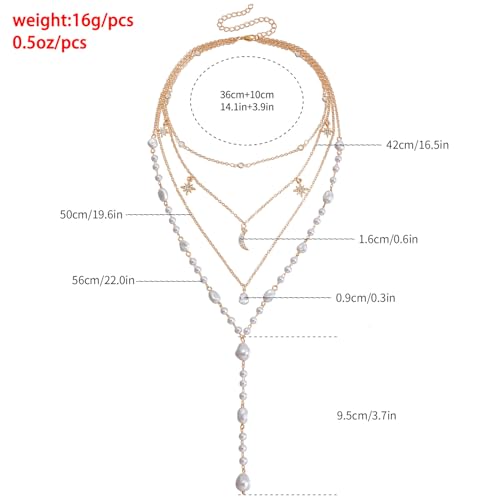 Layered Gold Pearl Lariat Necklace for Women Multi Strand Y Chain with Moon Star Charms Adjustable Statement Fashion Jewelry for Party Wedding Gift