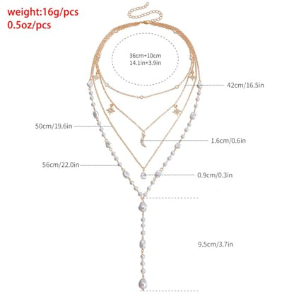 Layered Gold Pearl Lariat Necklace for Women Multi Strand Y Chain with Moon Star Charms Adjustable Statement Fashion Jewelry for Party Wedding Gift