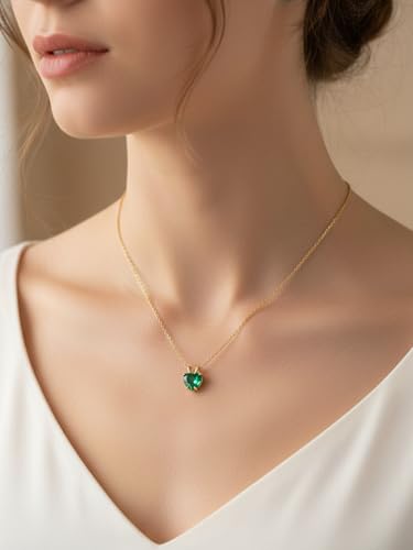 CYW Genuine Sapphire/Emerald/Ruby/Moissanite Necklace for Women, Really Authentic Solid 925 Sterling Silver, 16"/18"/20" Adjustable Chain, Anniversary Mother's Day Valentines Gift - color: Emerald - Heart - Yellow Gold, size: 6.5mm