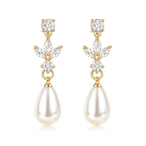 Pearl Dangle Clip On Earrings for Women - 14K Gold Silver Plated Cubic Zirconia Pearl Drop Earrings Trendy Long Non Pierced Bridal Earrings Fashion Jewelry Gifts - color: Gold