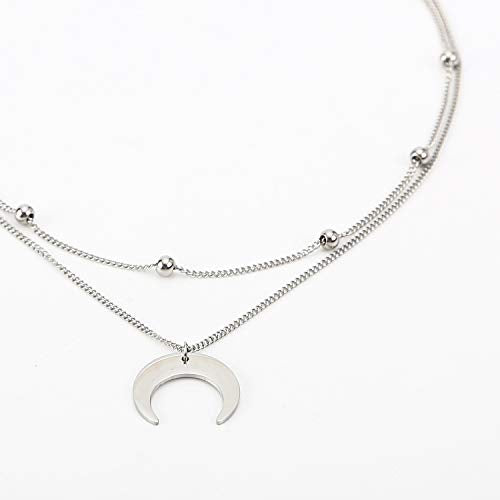 BaubleStar Crescent Pendant Necklace Layering Titanium Chain Choker for Women - color: Silver
