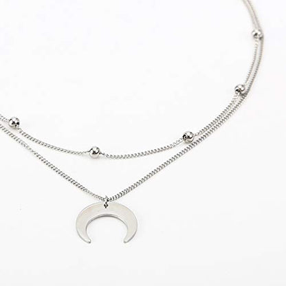 BaubleStar Crescent Pendant Necklace Layering Titanium Chain Choker for Women - color: Silver