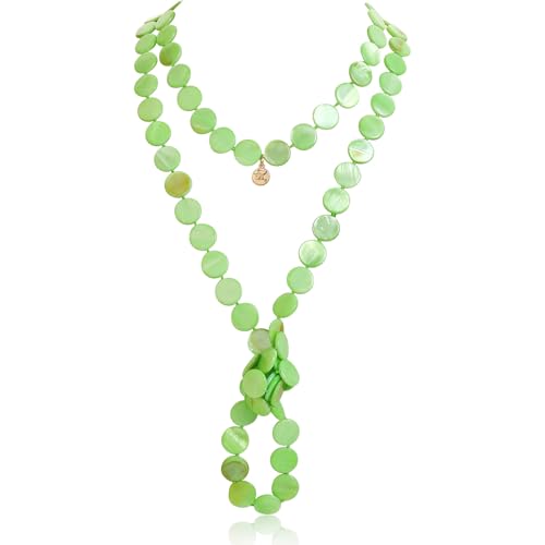 Firstmeet Flat Round Coin Shell Beads Long Knotted Necklace Natural Mother of Pearl Handmade Jewelry For Women - color: Apple Green