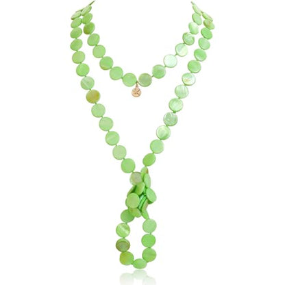 Firstmeet Flat Round Coin Shell Beads Long Knotted Necklace Natural Mother of Pearl Handmade Jewelry For Women - color: Apple Green