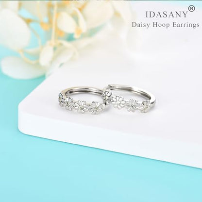 Sterling Silver Hoop Earrings for Women, Dainty Small Huggie Hoop Earrings | Hypoallergenic Daisy Color Cubic Zirconia Flower Hoops Earring Jewellery Gifts for Ladies Birthday Wedding, 12mm Hoop - color: Yellow